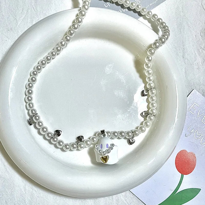 Cartoon Ghost Pendant Necklace Sweet Heart Charms Beaded Choker Y2k Jewelry