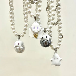 Cartoon Ghost Pendant Necklace Sweet Heart Charms Beaded Choker Y2k Jewelry