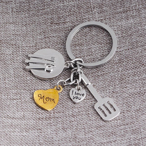 Funny Key Holder Cook Mom Keychain, I Love You Mom Heart Pendant Charm Key Ring