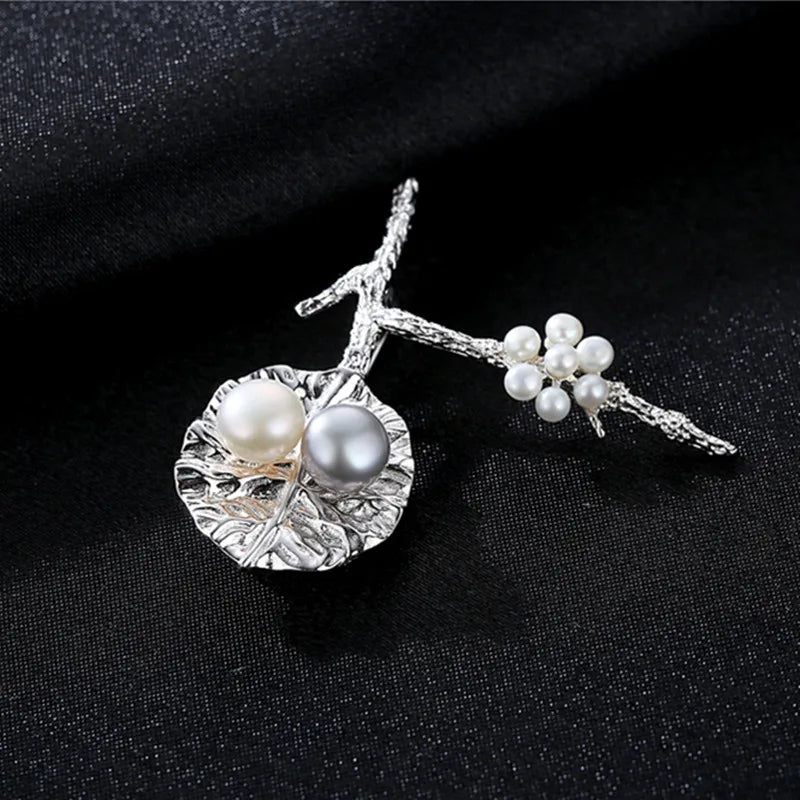S925 Silver Freshwater Pearls Leaf Branch Brooch