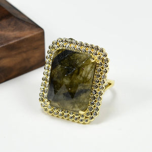 Labradorite Stone Cz Paved Yellow Plated Rings Adjustable Ring Women Jewelry