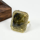 Labradorite Stone Cz Paved Yellow Plated Rings Adjustable Ring Women Jewelry