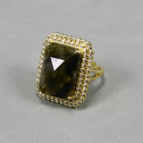 Labradorite Stone Cz Paved Yellow Plated Rings Adjustable Ring Women Jewelry