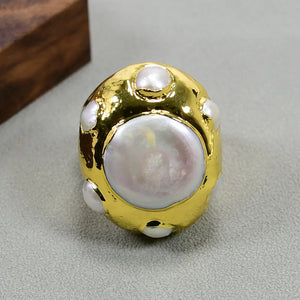 G-G Coin Pearl Rings 24K Yellow Plated Keshi Pearl Paved Adjustable Ring