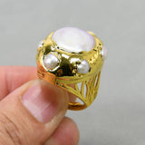 G-G Coin Pearl Rings 24K Yellow Plated Keshi Pearl Paved Adjustable Ring