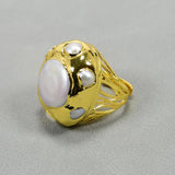 G-G Coin Pearl Rings 24K Yellow Plated Keshi Pearl Paved Adjustable Ring