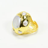 G-G Coin Pearl Rings 24K Yellow Plated Keshi Pearl Paved Adjustable Ring