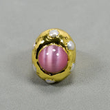 G-G Natural Pearl Pink Cat Eye Gems Rings Adjustable 24K Yellow Plated