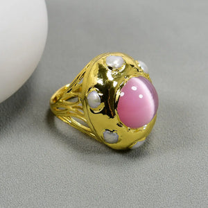 G-G Natural Pearl Pink Cat Eye Gems Rings Adjustable 24K Yellow Plated