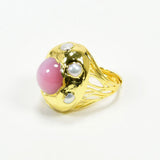 G-G Natural Pearl Pink Cat Eye Gems Rings Adjustable 24K Yellow Plated
