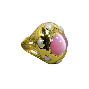 G-G Natural Pearl Pink Cat Eye Gems Rings Adjustable 24K Yellow Plated