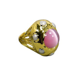 G-G Natural Pearl Pink Cat Eye Gems Rings Adjustable 24K Yellow Plated