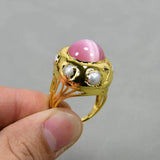 G-G Natural Pearl Pink Cat Eye Gems Rings Adjustable 24K Yellow Plated