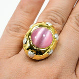 G-G Natural Pearl Pink Cat Eye Gems Rings Adjustable 24K Yellow Plated