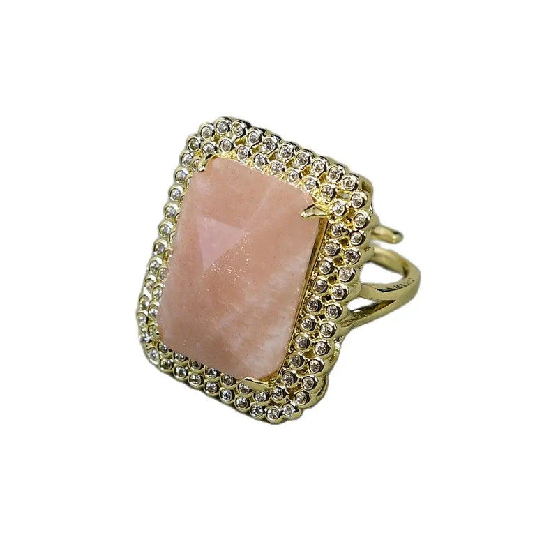 G-G Real Sunstone Gems Rectangle Plated Cz Paved Rings Adjustable Ring Lady
