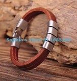 Brown Metal Clasp Leather Mens Wristband Bracelet Cuff