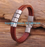 Brown Metal Clasp Leather Mens Wristband Bracelet Cuff
