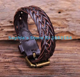 Brown Braided Leather Bracelet Cuff Mens
