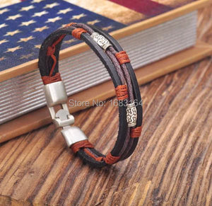 G154 Black-Orange Leather Hemp Surfer Wristband Bracelet Cuff Metal Clasp Mens