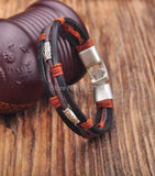 G154 Black-Orange Leather Hemp Surfer Wristband Bracelet Cuff Metal Clasp Mens
