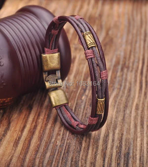 Brown Leather Hemp Braided Surfer Wristband Bracelet Cuff