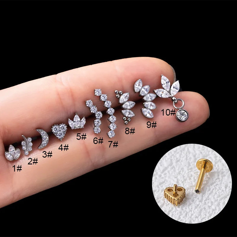 G23 Titanium Zircon Crown Moon Curved Cartilage Earrings