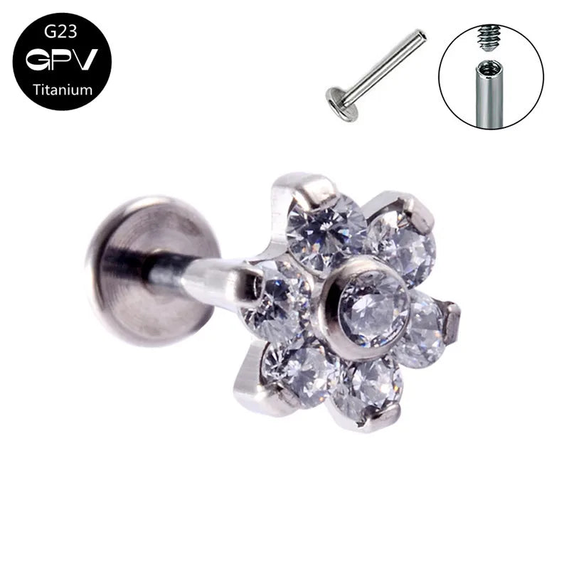 G23 Titanium Stud Flower Set With Zircons And Opal Lip Stud