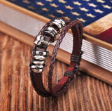 Dark Brown Leather Skull Studded Bangle Bracelet Cuff