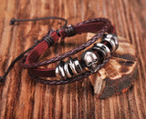Dark Brown Leather Skull Studded Bangle Bracelet Cuff