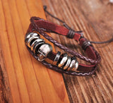 Dark Brown Leather Skull Studded Bangle Bracelet Cuff