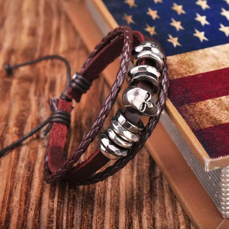 Dark Brown Leather Skull Studded Bangle Bracelet Cuff