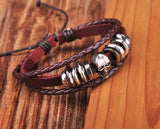 Dark Brown Leather Skull Studded Bangle Bracelet Cuff