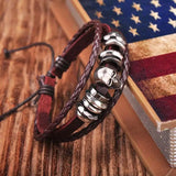 Dark Brown Leather Skull Studded Bangle Bracelet Cuff