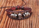 Dark Brown Leather Skull Studded Bangle Bracelet Cuff