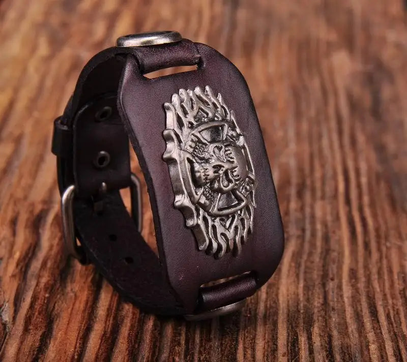 G305 Tribal Skull Leather Wrap Bracelet Wide Cuff Men's