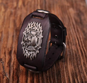 G305 Tribal Skull Leather Wrap Bracelet Wide Cuff Men's
