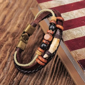 Men's Leather Wrap Bracelet Cuff with Bronze Beads