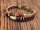 Men's Leather Wrap Bracelet Cuff with Bronze Beads