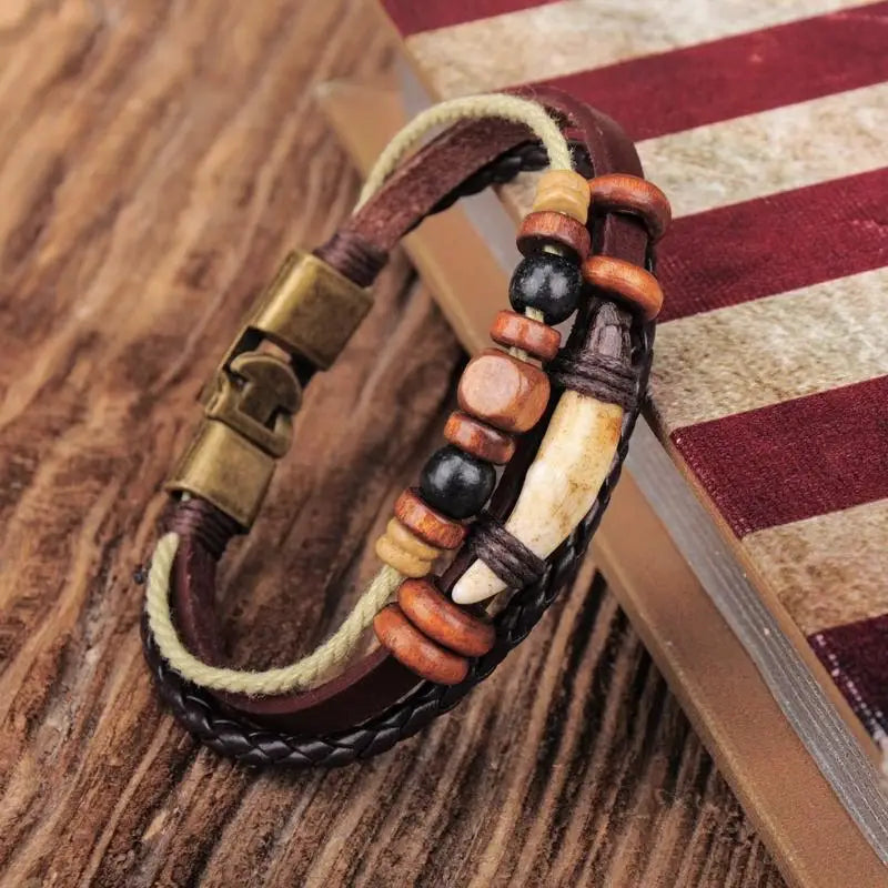 Men's Leather Wrap Bracelet Cuff with Bronze Beads