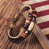 Men's Leather Wrap Bracelet Cuff with Bronze Beads