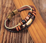 Men's Leather Wrap Bracelet Cuff with Bronze Beads