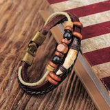 Men's Leather Wrap Bracelet Cuff with Bronze Beads
