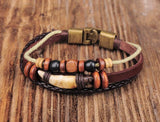 Men's Leather Wrap Bracelet Cuff with Bronze Beads