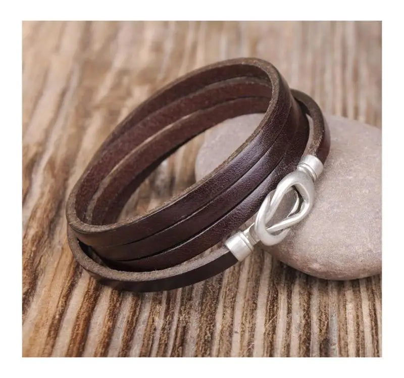 Brown Alloy Infinity Clasp Leather Wrap Bracelet Cuff Men's
