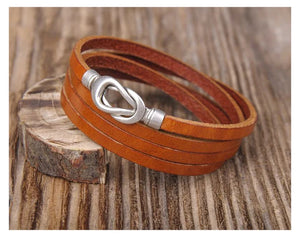Khaki Alloy Infinity Clasp Leather Wrap Bracelet Cuff Men's