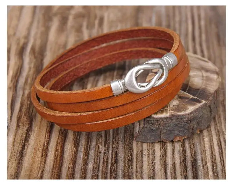 Khaki Alloy Infinity Clasp Leather Wrap Bracelet Cuff Men's