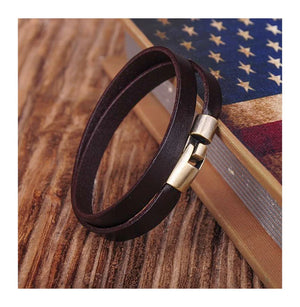 Brown Alloy Clasp Double Wrap Men's Leather Bracelet Wristband