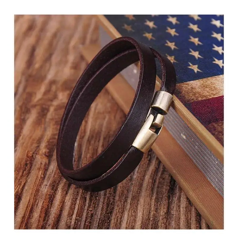Brown Alloy Clasp Double Wrap Men's Leather Bracelet Wristband