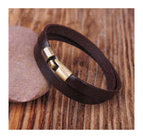 Brown Alloy Clasp Double Wrap Men's Leather Bracelet Wristband