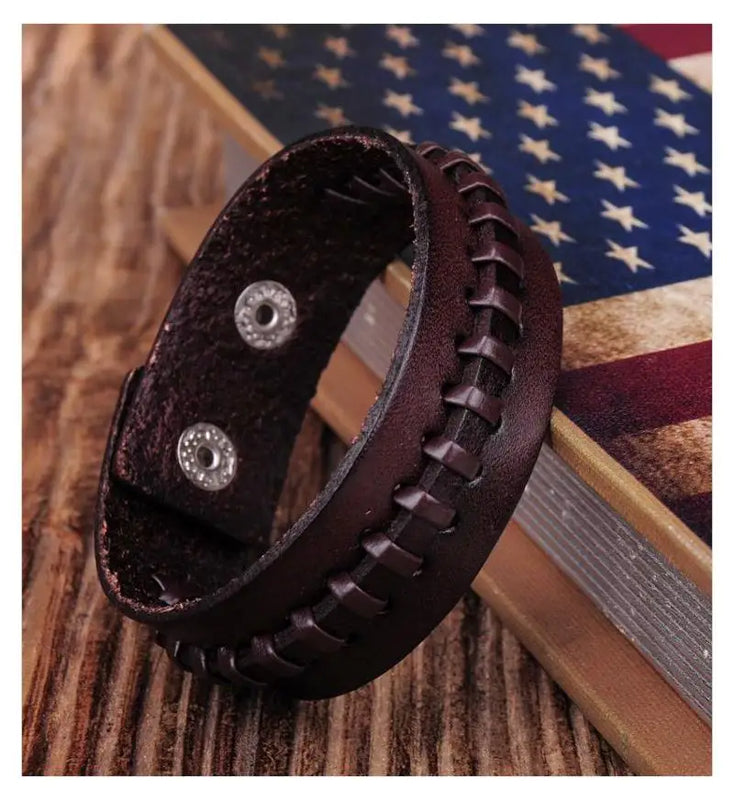 G336 Vintage Leather Bracelet Cuff Dark Brown Braid Single Wrap
